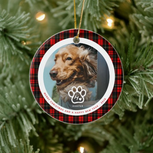 Add Your Own Dog Pets Photo Monogram Name Tartan セラミックオーナメント (ツリー)