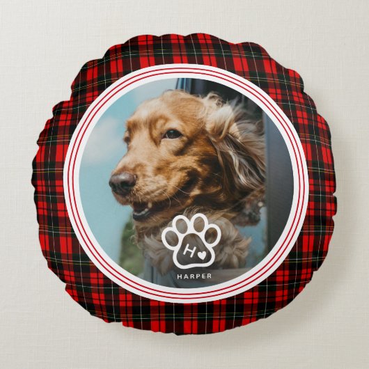 Add Your Own Dog Pets Photo Monogram Name Tartan ラウンドクッション (正面)