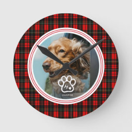 Add Your Own Dog Pets Photo Monogram Name Tartan ラウンド壁時計