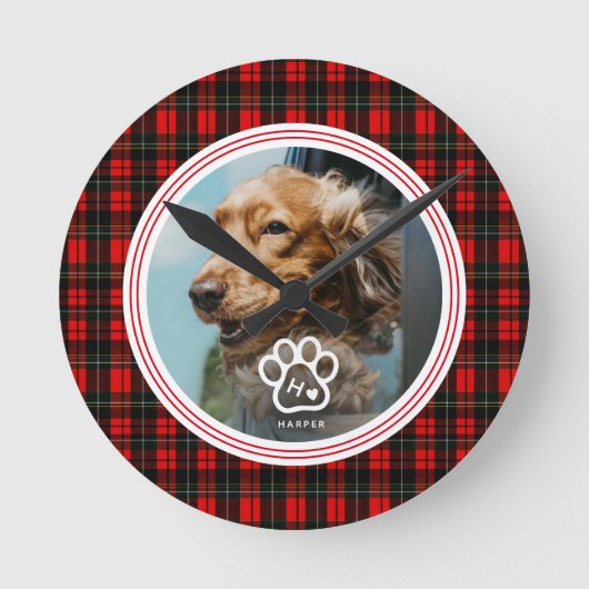 Add Your Own Dog Pets Photo Monogram Name Tartan ラウンド壁時計 (正面)