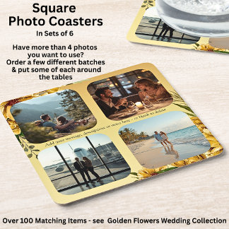 Add Your Photos, Golden Flowers Wedding Suite,  スクエアペーパーコースター
