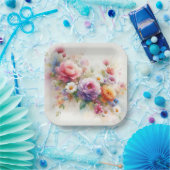 Add Your Text Custom Template Watercolor Flowers ペーパープレート (パーティー)