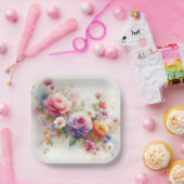 Add Your Text Custom Template Watercolor Flowers ペーパープレート (パーティー)