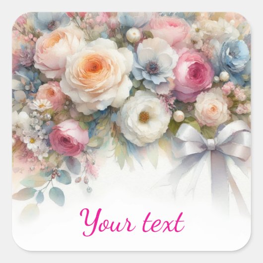 Add Your Text Watercolor Wedding Flowers スクエアシール (正面)
