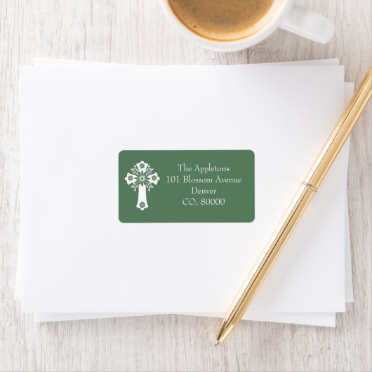 Address Labels Floral Cross Christening Fern Green ラベル (インサイチュ)