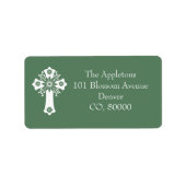 Address Labels Floral Cross Christening Fern Green ラベル (正面)