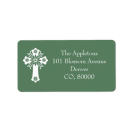 Address Labels Floral Cross Christening Fern Green ラベル