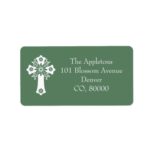 Address Labels Floral Cross Christening Fern Green ラベル (正面)