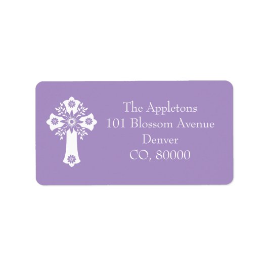 Address Labels Floral Cross Christening Lilac ラベル (正面)