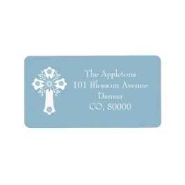Address Labels Floral Cross Christening Sky Blue ラベル