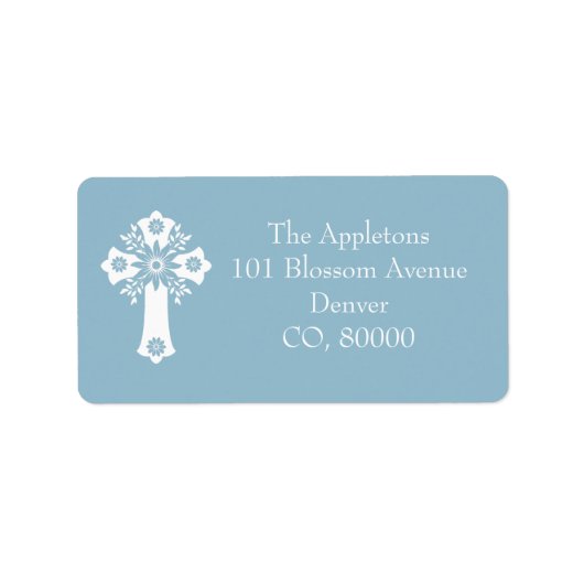 Address Labels Floral Cross Christening Sky Blue ラベル (正面)