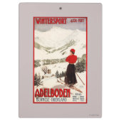Adelbodenポスターを見落としている女性のスキーヤー クリップボード (裏面)