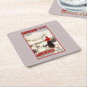 Adelbodenポスターを見落としている女性のスキーヤー スクエアペーパーコースター (アングル)