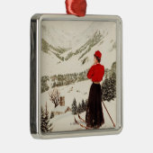 Adelbodenポスターを見落としている女性のスキーヤー メタルオーナメント (右)