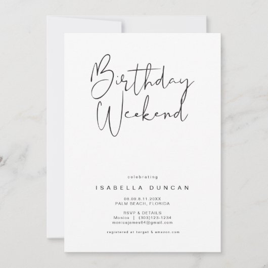 ADELLAモダン誕生日ミニマル週末の日程 招待状 (正面)