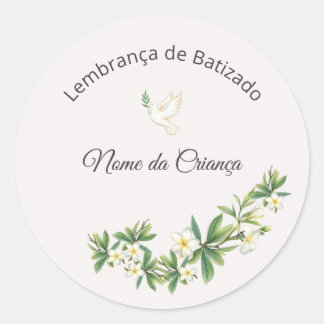 Adesivo de Batizado Floral com Pomba Personalizado ラウンドシール
