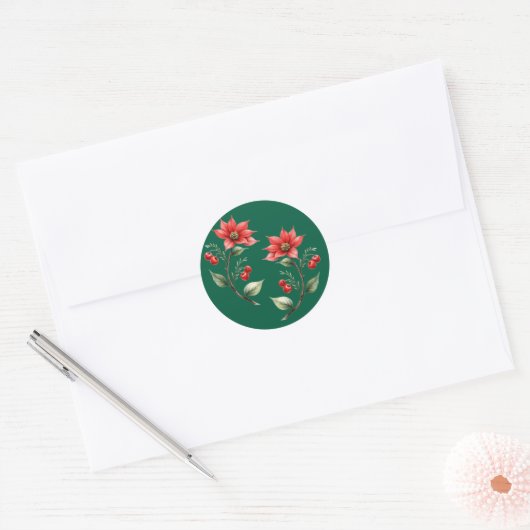 Adesivo redondo Natal verde e Flores Vermelhas ラウンドシール (封筒)