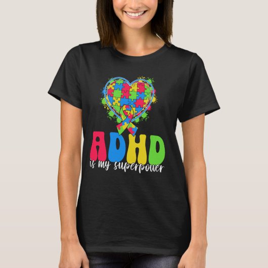 ADHDは私の超大国ハートパズルリボン子供へ Tシャツ (正面)