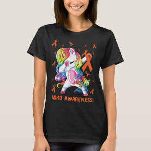 ADHD認識度ユニコーンダビングオレンジリボン Tシャツ