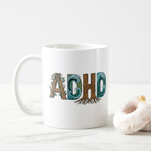 ADHD 自然要素 タイポグラフィ デザイン コーヒーマグカップ (ドーナツ)