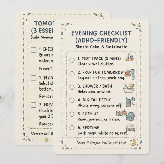 ADHD Evening Routine Checklist Simple Calming Card シーズンカード (正面/裏面)