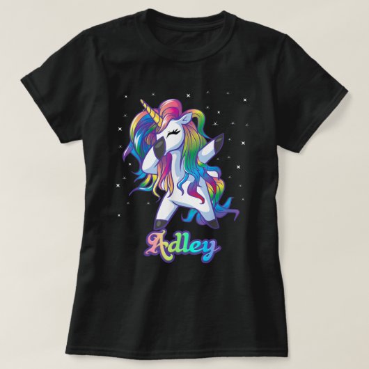 ADLEYネームパーソナライズされたカスタムレインボーユニコーンダブ Tシャツ (デザイン正面)