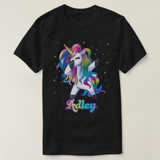 ADLEYネームパーソナライズされたカスタムレインボーユニコーンダブ Tシャツ (デザイン正面)