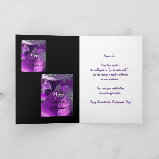 Adminのプロフェッショナル日の紫色の葉ありがとう サンキューカード (内部)