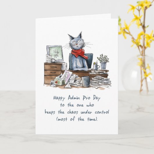 Admin Pro Day Funny Woman Cat at Desk with Papers カード (黄色い花)