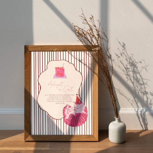 Adopt a Cat Pink Cake on Stripes Birthday Decor ポスター
