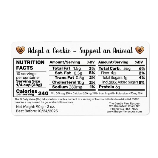 Adopt a Cookie Animal Rescue Bake Nutrition Facts ラベル (正面)