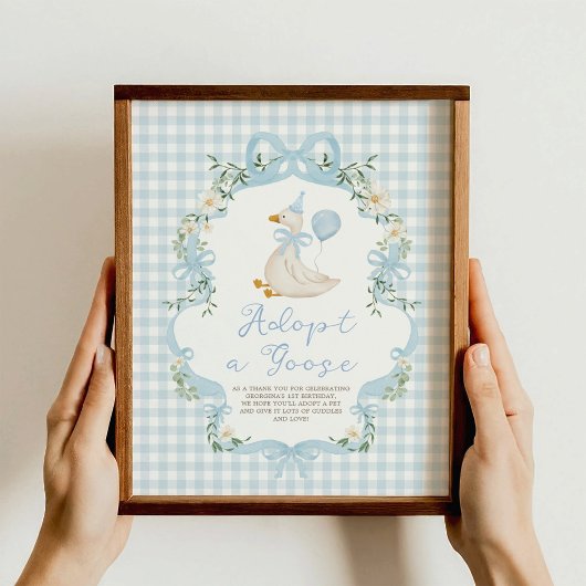 Adopt a Goose Blue Bow Gingham Birthday Decor Sign ポスター
