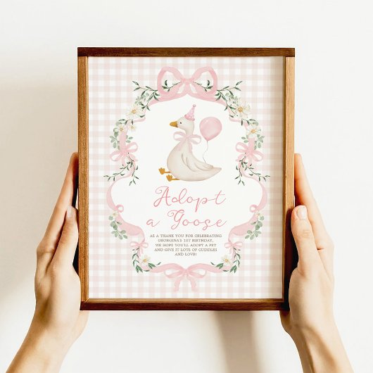 Adopt a Goose Pink Bow Gingham Birthday Decor Sign ポスター