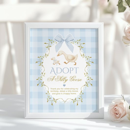 Adopt A Silly Goose Blue Gingham 1st Birthday ポスター