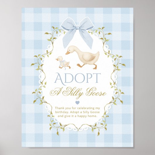 Adopt A Silly Goose Blue Gingham 1st Birthday ポスター (正面)