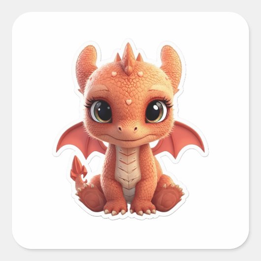 Adorable 3D Baby Dragon Fantasy Creature Sticker スクエアシール (正面)