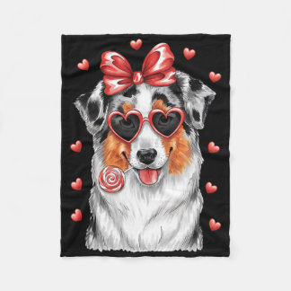 Adorable Australian Shepherd Lick Lollipop Valenti フリースブランケット