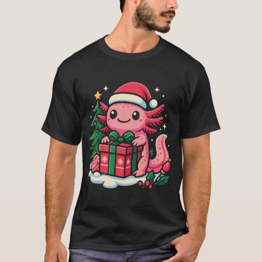 Adorable Axolotl Wearing a Santa Hat Holding a Chr Tシャツ (正面)