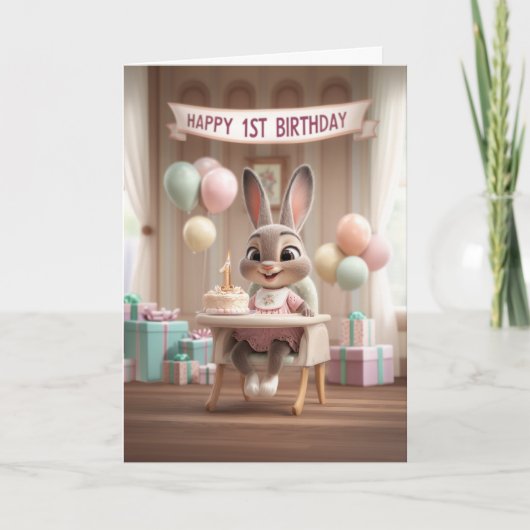 Adorable Baby Bunny First Birthday Celebration カード (正面)
