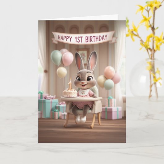 Adorable Baby Bunny First Birthday Celebration カード (黄色い花)