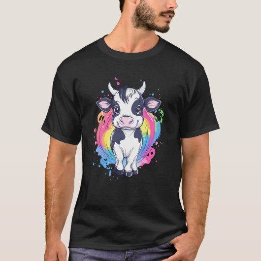 Adorable Baby Calf with Rainbow Splash Cartoon Tシャツ (正面)