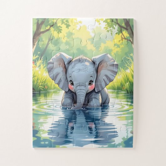 Adorable Baby Elephant and Reflection ジグソーパズル (縦)