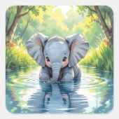 Adorable Baby Elephant and Reflection スクエアシール (正面)