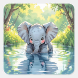 Adorable Baby Elephant and Reflection スクエアシール
