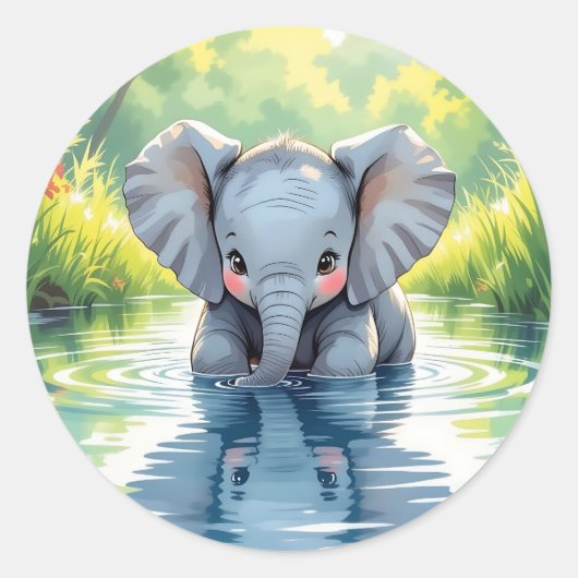 Adorable Baby Elephant and Reflection ラウンドシール (正面)