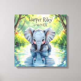 Adorable Baby Elephant and Reflection Personalized キャンバスプリント