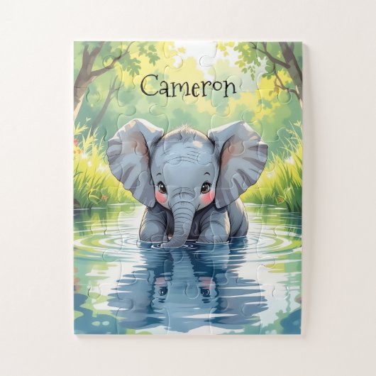 Adorable Baby Elephant and Reflection Personalized ジグソーパズル (縦)