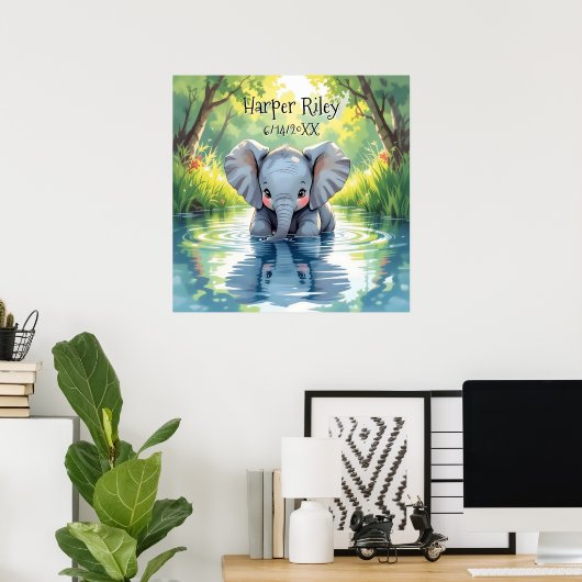 Adorable Baby Elephant and Reflection Personalized ポスター (ホームオフィス)