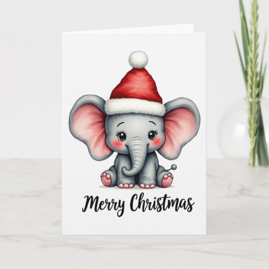 Adorable Baby Elephant Santa Hat Merry Christmas カード (正面)