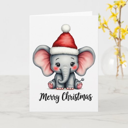 Adorable Baby Elephant Santa Hat Merry Christmas カード (黄色い花)
